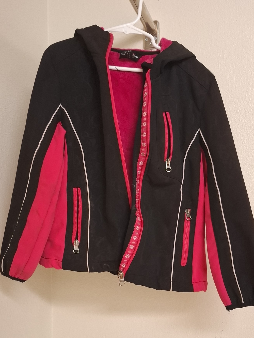 Snozu Black and Hot Pink Hooded Kids Rain Jacket
